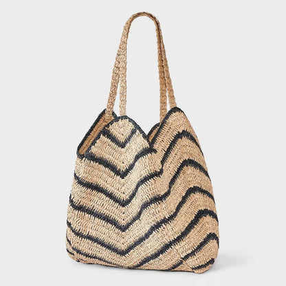 Chevron Woven Straw Tote Bag